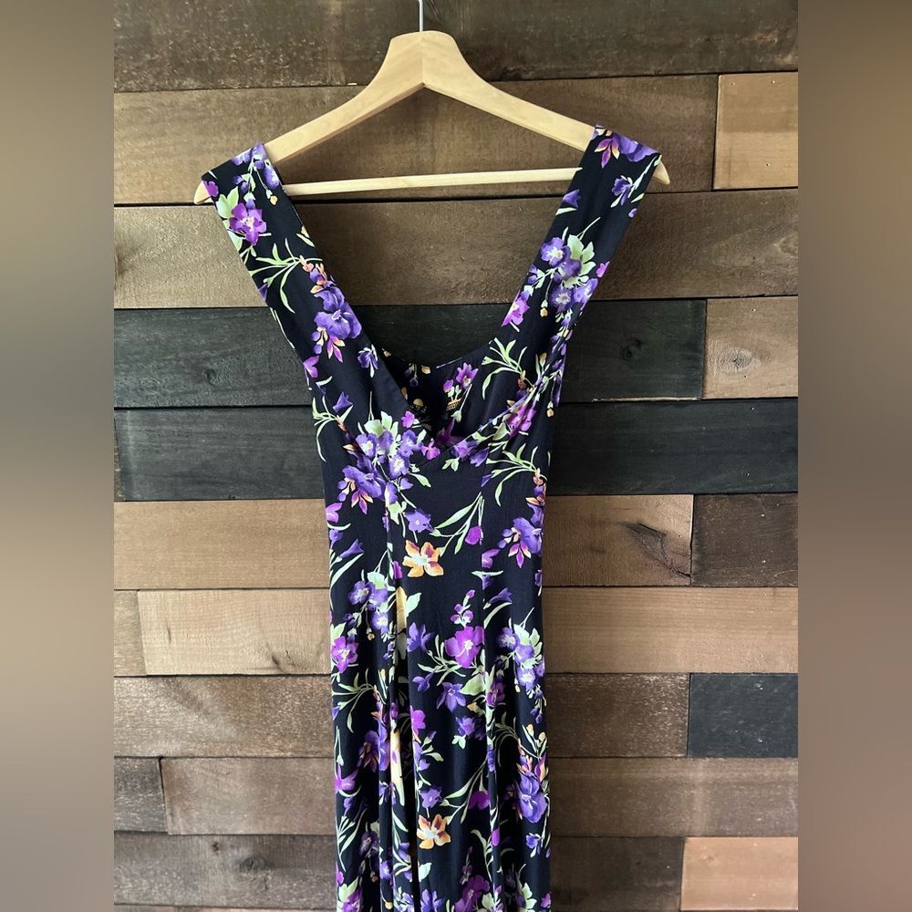 Vintage 80s All That Jazz Black Floral Midi Dress Crisscross Back Size 7/8 - Picture 5 of 16